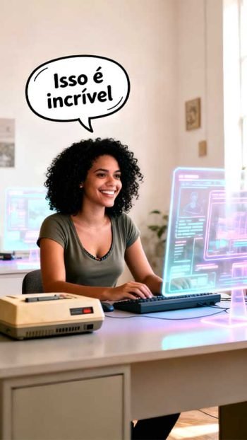 Mulher jovem numa sala com decoração clean e objetos vintage usando um computador ultra moderno com tela holográfica cria campanhas no Google Ads. Acima de sua cabeça um balão estilo cartoon escrito "Isso é incrível".